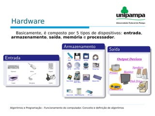 Hardware
Basicamente, é composto por 5 tipos de dispositivos: entrada,
armazenamento, saída, memória e processador.
Algoritmos e Programação – Funcionamento do computador. Conceito e definição de algoritmos
 
