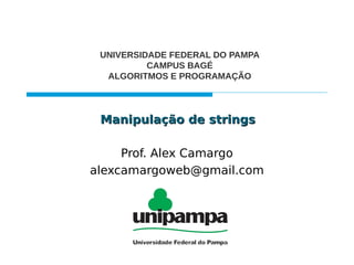 Manipulação de stringsManipulação de strings
Prof. Alex Camargo
alexcamargoweb@gmail.com
UNIVERSIDADE FEDERAL DO PAMPA
CAMPUS BAGÉ
ALGORITMOS E PROGRAMAÇÃO
 