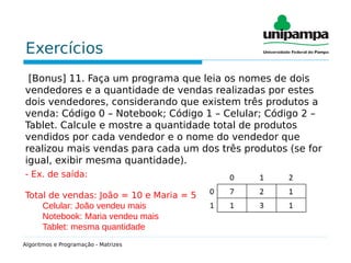 Exercícios
[Bonus] 11. Faça um programa que leia os nomes de dois
vendedores e a quantidade de vendas realizadas por estes
dois vendedores, considerando que existem três produtos a
venda: Código 0 – Notebook; Código 1 – Celular; Código 2 –
Tablet. Calcule e mostre a quantidade total de produtos
vendidos por cada vendedor e o nome do vendedor que
realizou mais vendas para cada um dos três produtos (se for
igual, exibir mesma quantidade).
- Ex. de saída:
Total de vendas: João = 10 e Maria = 5
Celular: João vendeu mais
Notebook: Maria vendeu mais
Tablet: mesma quantidade
Algoritmos e Programação - Matrizes
 