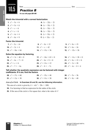 Algebra worksheet section 10.5
