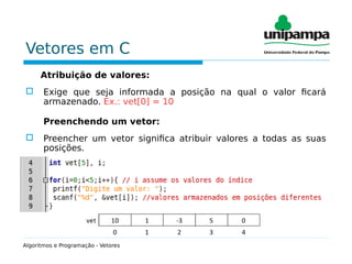 Vetores em C
Atribuição de valores:
 Exige que seja informada a posição na qual o valor ficará
armazenado. Ex.: vet[0] = 10
Preenchendo um vetor:
 Preencher um vetor significa atribuir valores a todas as suas
posições.
Algoritmos e Programação - Vetores
 