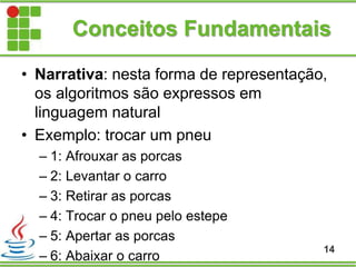 Conceitos Fundamentais
• Narrativa: nesta forma de representação,
os algoritmos são expressos em
linguagem natural
• Exemplo: trocar um pneu
– 1: Afrouxar as porcas
– 2: Levantar o carro
– 3: Retirar as porcas
– 4: Trocar o pneu pelo estepe
– 5: Apertar as porcas
– 6: Abaixar o carro
14
 