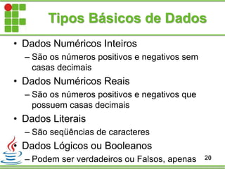 Tipos Básicos de Dados
• Dados Numéricos Inteiros
– São os números positivos e negativos sem
casas decimais
• Dados Numéricos Reais
– São os números positivos e negativos que
possuem casas decimais
• Dados Literais
– São seqüências de caracteres
• Dados Lógicos ou Booleanos
– Podem ser verdadeiros ou Falsos, apenas 20
 