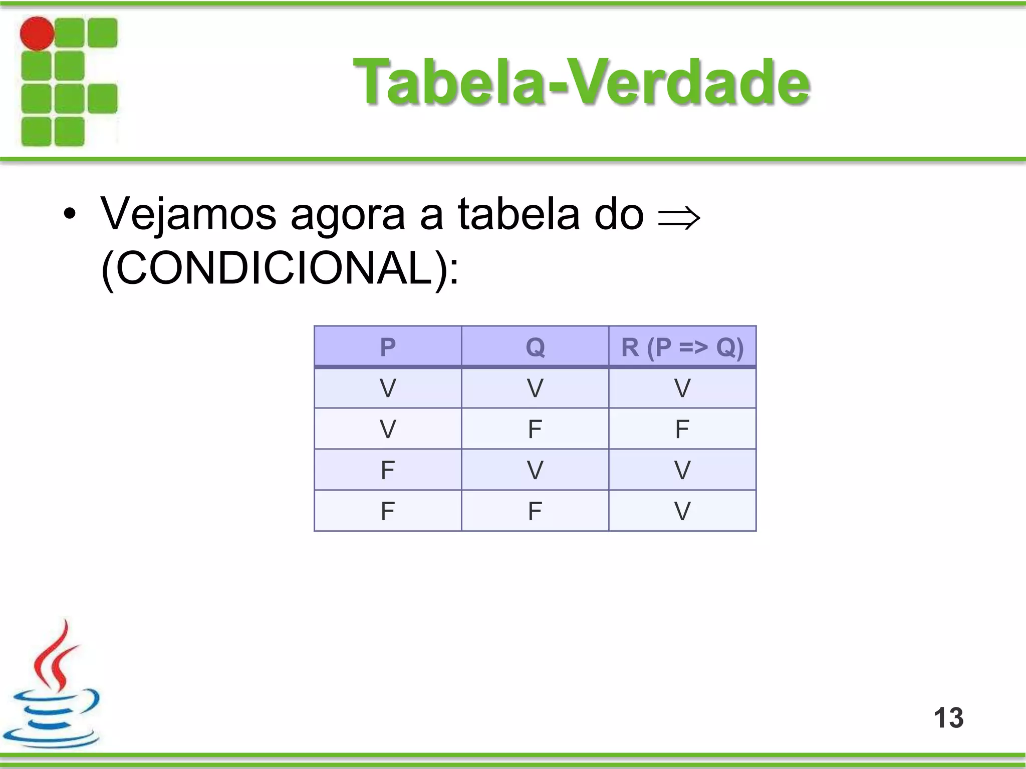 Tabela-Verdade
• Vejamos agora a tabela do 
(CONDICIONAL):
13
P Q R (P => Q)
V V V
V F F
F V V
F F V
 