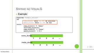 Prof Silvano Oliveira
SINTAXE NO VISUALG
 Exemplo:
nome_alunos
media_alunos
1 2 3 4 ...
1 2 3 4 ...
algoritmo “exemplo_vetores”
var
nome_alunos: vetor [1..50] de caractere
media_alunos: vetor [1..50] de real
inicio
nome_alunos[1]  “Pedro”
leia(nome_alunos[2])
nome_alunos[3] := “Joana”
media_alunos[1] := 8.5
 
