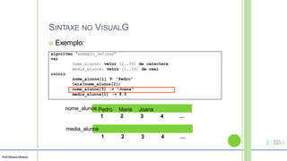 Prof Silvano Oliveira
SINTAXE NO VISUALG
 Exemplo:
nome_alunos Pedro Maria Joana
media_alunos
1 2 3 4 ...
1 2 3 4 ...
algoritmo “exemplo_vetores”
var
nome_alunos: vetor [1..50] de caractere
media_alunos: vetor [1..50] de real
inicio
nome_alunos[1]  “Pedro”
leia(nome_alunos[2])
nome_alunos[3] := “Joana”
media_alunos[1] := 8.5
 