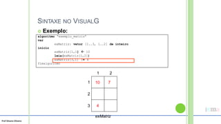 Prof Silvano Oliveira
SINTAXE NO VISUALG
 Exemplo:
1 2
1
2
3
exMatriz
10 7
4
algoritmo “exemplo_matriz”
var
exMatriz: vetor [1..3, 1..2] de inteiro
inicio
exMatriz[1,1]  10
leia(exMatriz[1,2])
exMatriz[3,1] := 4
fimalgoritmo
 