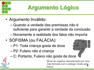 Argumento Lógico
• Argumento Inválido:
– Quando a verdade das premissas não é
suficiente para garantir a verdade da conclusão
– Novamente a realidade dos fatos não importa
• SOFISMA (ou FALÁCIA):
– P1: Toda criança gosta de doce
– P2: Fulano não é criança
– C: Portanto, Fulano não gosta de doce
6
[Sinal de negativo representado por uma
mão fechada com o polegar virado para
baixo]
 