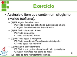Exercício
8
• Assinale o item que contém um silogismo
inválido (sofisma).
– (A) P1: Algum filósofo é burro
P2: Todo mundo que sabe física quântica não é burro
C: Algum filósofo não sabe física quântica
– (B) P1: Todo cristão não é ateu
P2: Todo ateu é mau
C: Todo cristão não é mau
– (C) P1: Todo lógico é inteligente
P2: Todo morador de Varginha não é inteligente
C: Todo lógico não mora em
– (D) P1: Algum pescador mente
P2: Todos que gostam de nadar não são pescadores
C: Algum mentiroso não gosta de nadar
– (E) Todos os itens representam sofismas.
 