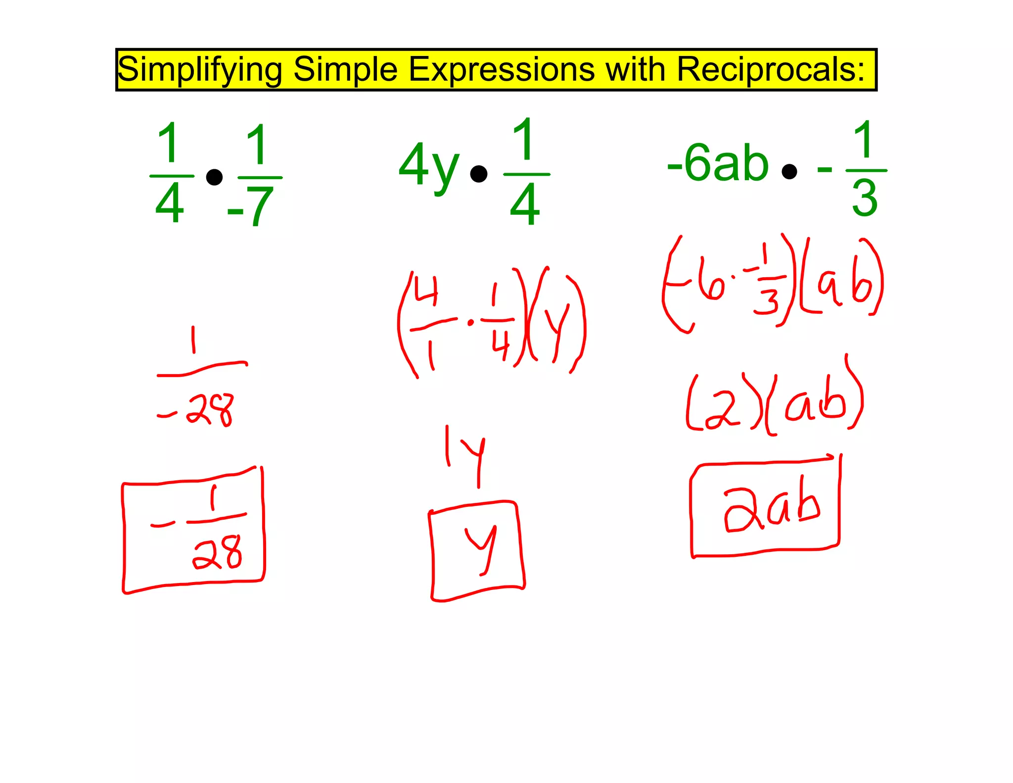 Simplifying Simple Expressions with Reciprocals:
1
-7
1
4
1
4
4y 1
3
-6ab -