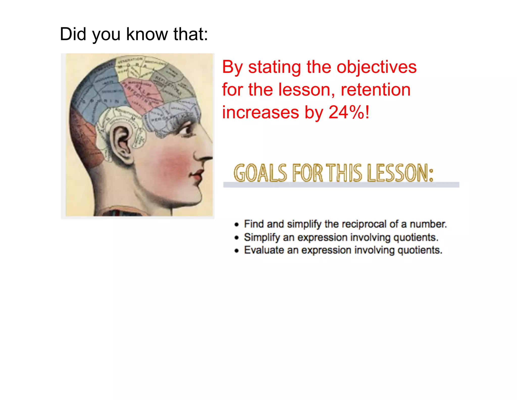 Did you know that:
By stating the objectives
for the lesson, retention
increases by 24%!
