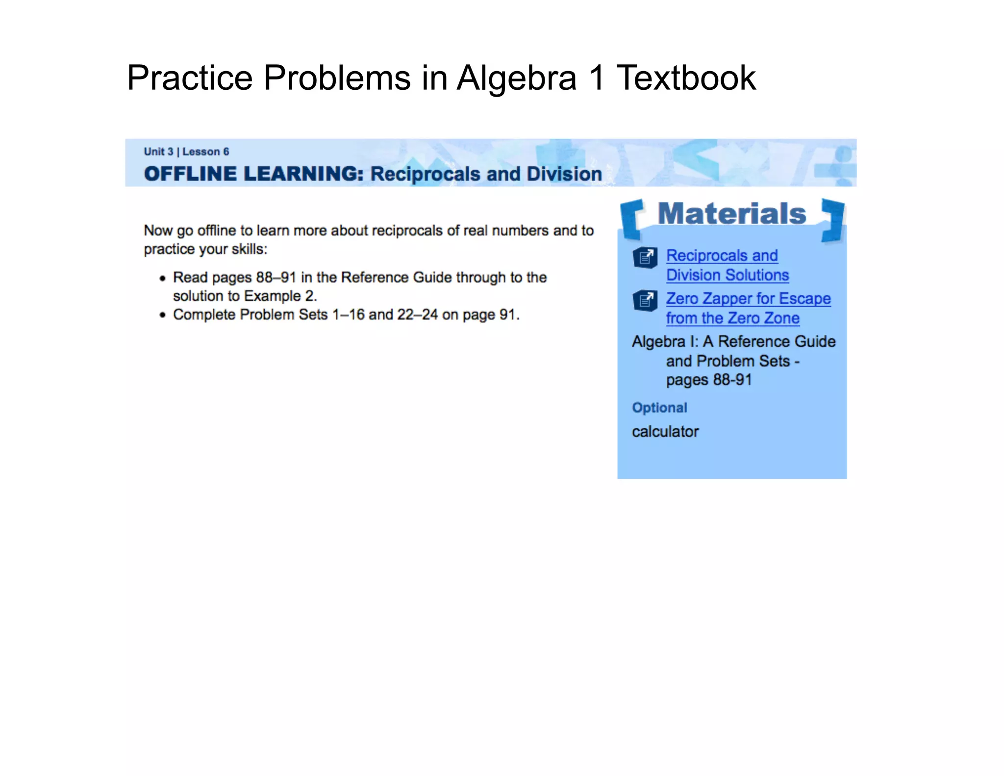 Practice Problems in Algebra 1 Textbook