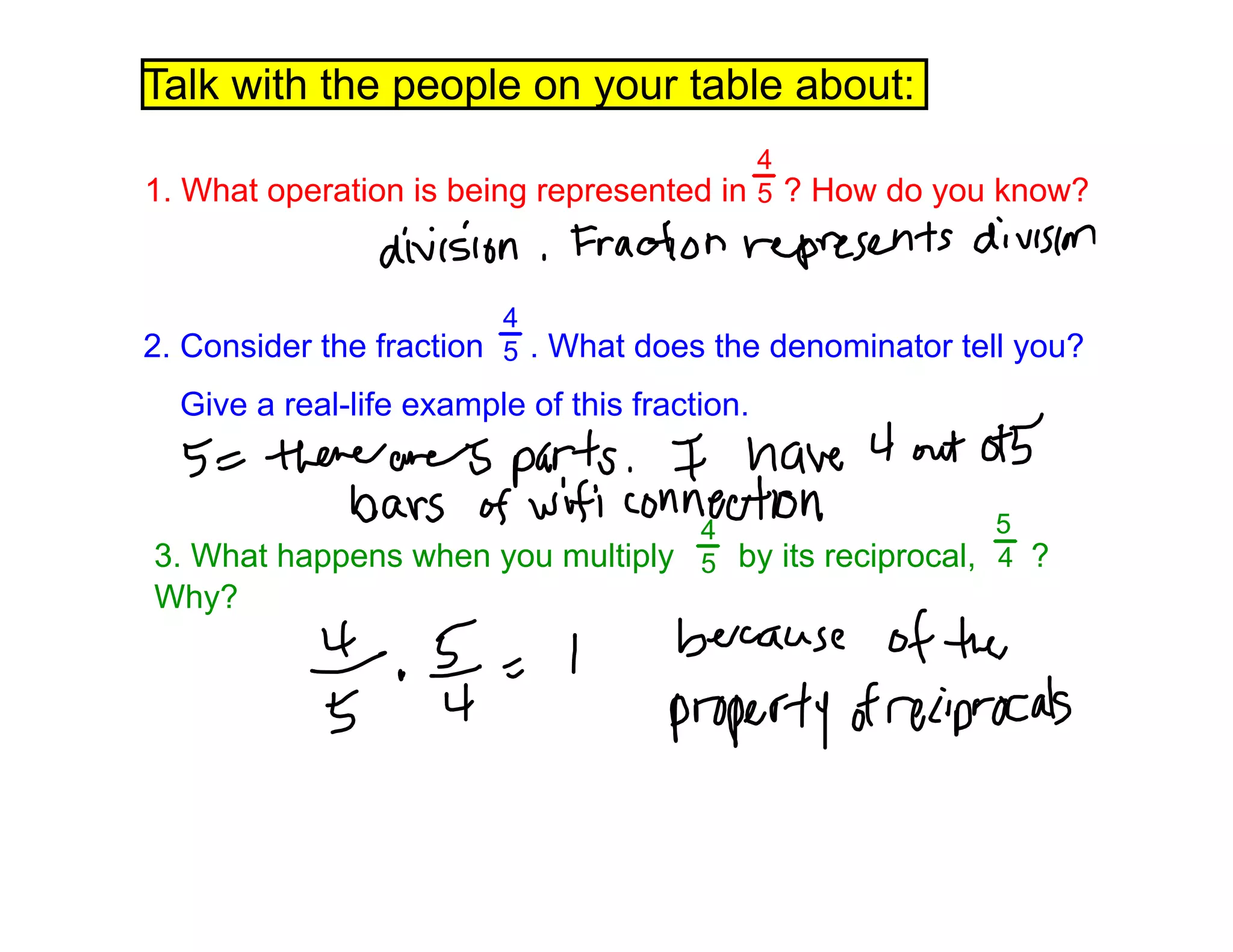 Talk with the people on your table about:
2. Consider the fraction . What does the denominator tell you?
Give a real-life example of this fraction.
4
5
3. What happens when you multiply by its reciprocal, ?
Why?
4
5 4
5
1. What operation is being represented in ? How do you know?
4
5