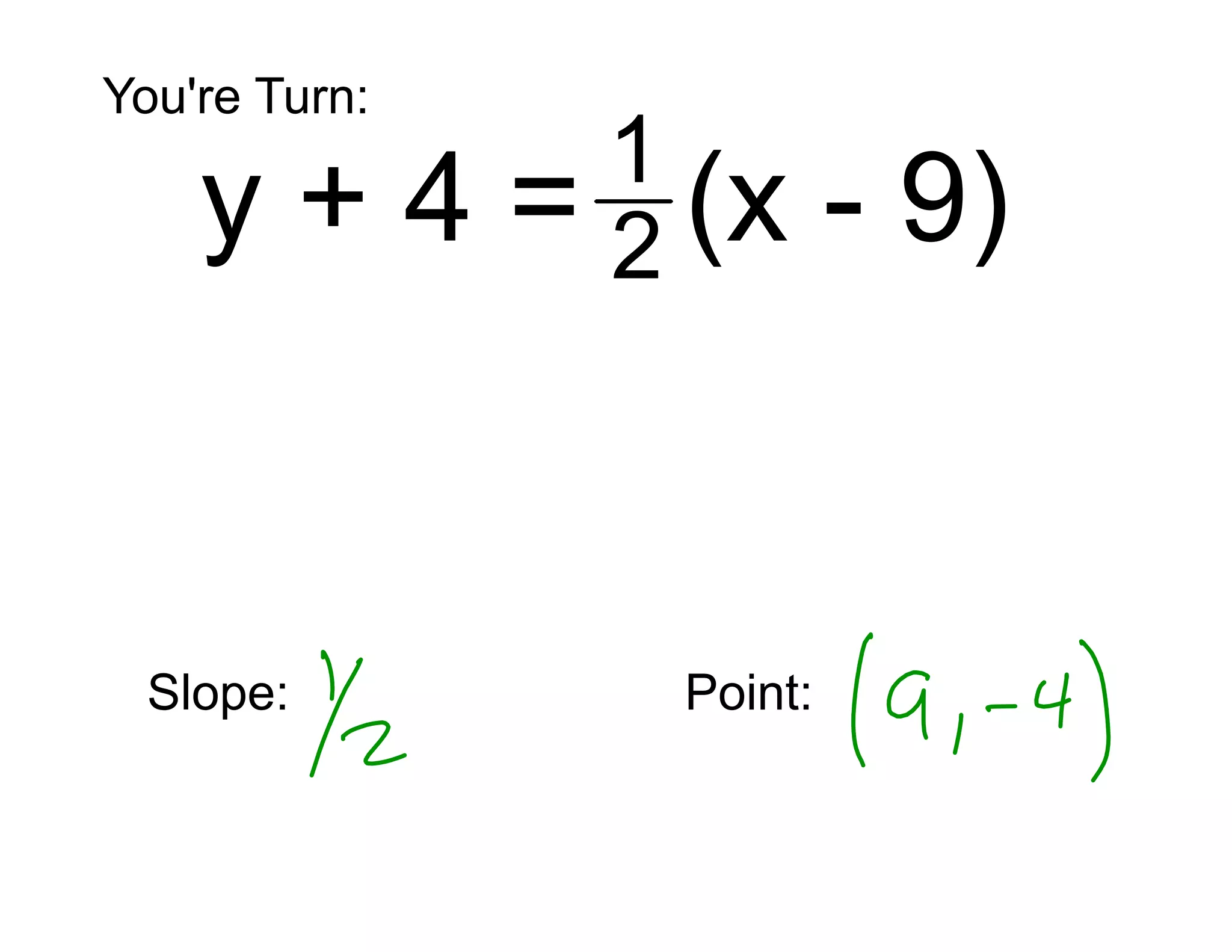 You're Turn:
y+4
Slope:
1
= 2 (x
Point:
"Your"
- 9)
SMOTD