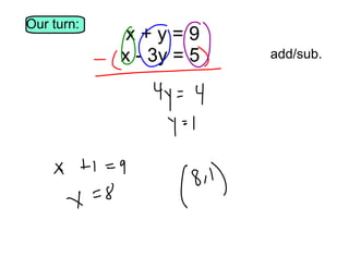 Our turn:

x+y=9
x - 3y = 5

add/sub.

 