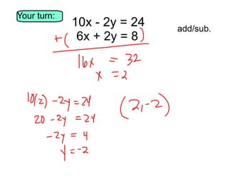 Your turn:

10x - 2y = 24
6x + 2y = 8

Your
add/sub.

 