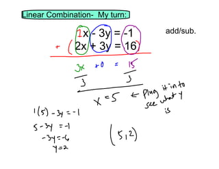 Linear Combination- My turn:

x - 3y = -1
2x + 3y = 16

add/sub.

 