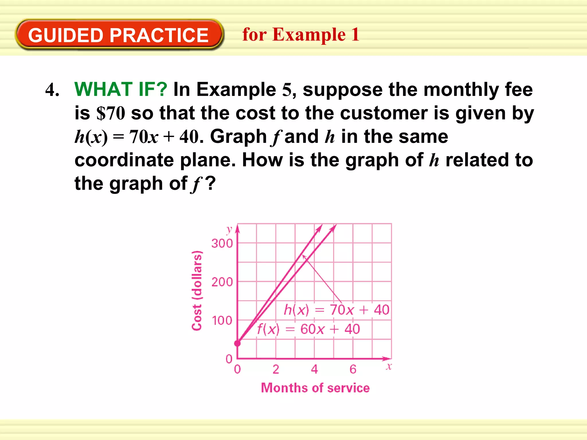 Write an equation from a graph GUIDED PRACTICE for Example 1  4. WHAT IF?   In Example  5 , suppose the monthly fee is  $70  so that the cost to the customer is given by  h ( x ) = 70 x  + 40 . Graph  f  and  h   in the same coordinate plane. How is the graph of  h   related to the graph of  f  ? 