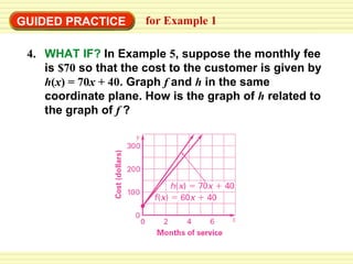 Write an equation from a graph GUIDED PRACTICE for Example 1  4. WHAT IF?   In Example  5 , suppose the monthly fee is  $70  so that the cost to the customer is given by  h ( x ) = 70 x  + 40 . Graph  f  and  h   in the same coordinate plane. How is the graph of  h   related to the graph of  f  ? 