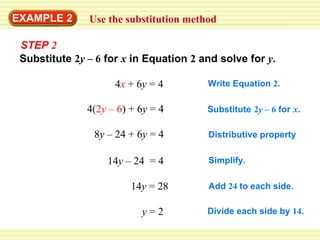 EXAMPLE 2 Use the substitution method Substitute  2 y  –  6  for  x   in Equation  2  and solve for  y . 4 x   +  6 y  =  4 Write Equation  2 . 4( 2 y  –  6 )  +  6 y  =  4 Substitute   2 y  – 6  for   x . Distributive property 8 y  –   24 + 6 y  = 4 14 y  – 24  = 4 Simplify. 14 y  = 28 Add  24  to each side. y  = 2 Divide each side by  14. STEP   2 