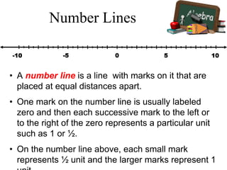 -5 50 10-10
Number Lines
• A number line is a line with marks on it that are
placed at equal distances apart.
• One mark on the number line is usually labeled
zero and then each successive mark to the left or
to the right of the zero represents a particular unit
such as 1 or ½.
• On the number line above, each small mark
represents ½ unit and the larger marks represent 1
 