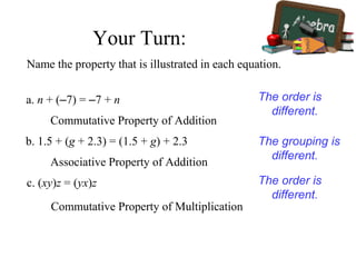 Name the property that is illustrated in each equation.
a. n + (–7) = –7 + n
b. 1.5 + (g + 2.3) = (1.5 + g) + 2.3
c. (xy)z = (yx)z
Commutative Property of Addition
Commutative Property of Multiplication
Associative Property of Addition
The order is
different.
The grouping is
different.
The order is
different.
Your Turn:
 