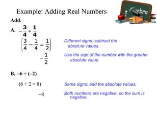 Add.
Use the sign of the number with the greater
absolute value.
Different signs: subtract the
absolute values.
A.
B. –6 + (–2)
(6 + 2 = 8)
–8 Both numbers are negative, so the sum is
negative.
Same signs: add the absolute values.
Example: Adding Real Numbers
 
