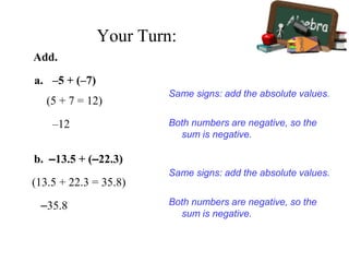 Add.
–5 + (–7)
–12 Both numbers are negative, so the
sum is negative.
Same signs: add the absolute values.
a.
(5 + 7 = 12)
–13.5 + (–22.3)b.
(13.5 + 22.3 = 35.8)
–35.8 Both numbers are negative, so the
sum is negative.
Same signs: add the absolute values.
Your Turn:
 