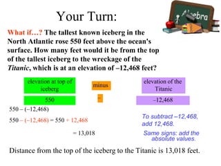 What if…? The tallest known iceberg in the
North Atlantic rose 550 feet above the ocean's
surface. How many feet would it be from the top
of the tallest iceberg to the wreckage of the
Titanic, which is at an elevation of –12,468 feet?
elevation at top of
iceberg
minus
elevation of the
Titanic
–
550 – (–12,468)
550 – (–12,468) = 550 + 12,468
To subtract –12,468,
add 12,468.
Same signs: add the
absolute values.
= 13,018
550 –12,468
Your Turn:
Distance from the top of the iceberg to the Titanic is 13,018 feet.
 