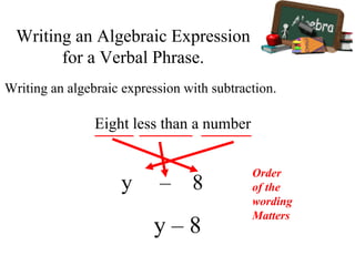 Writing an algebraic expression with subtraction.
8
Eight less than a number
–y
y – 8
Writing an Algebraic Expression
for a Verbal Phrase.
Order
of the
wording
Matters
 