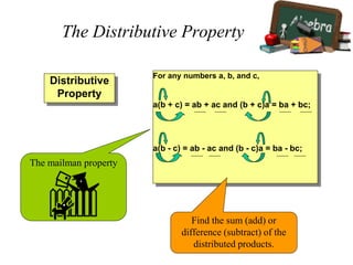Distributive
Property
For any numbers a, b, and c,
a(b + c) = ab + ac and (b + c)a = ba + bc;
a(b - c) = ab - ac and (b - c)a = ba - bc;
The mailman property
Find the sum (add) or
difference (subtract) of the
distributed products.
The Distributive Property
 
