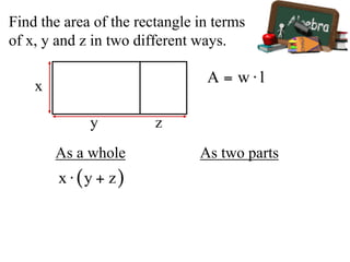 Find the area of the rectangle in terms
of x, y and z in two different ways.
x
y z
As a whole As two parts
 