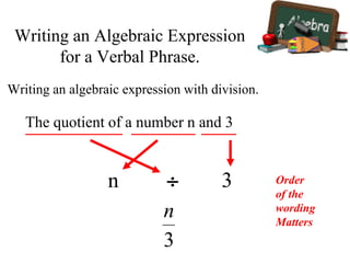 Writing an algebraic expression with division.
The quotient of a number n and 3
n 3
Writing an Algebraic Expression
for a Verbal Phrase.
Order
of the
wording
Matters
 