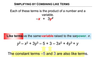 SIMPLIFYING BY COMBINING LIKE TERMS
Each of these terms is the product of a number and a
variable.
terms
+– 3y2x +– 3y2x
number
+– 3y2x
variable.
+– 3y2x
–1 is the
coefficient of x.
3 is the
coefficient of y2.
x is the
variable.
y is the
variable.
Each of these terms is the product of a number and a
variable.
x2 x2y3 y3
Like terms have the same variable raised to the same power.
y2 – x2 + 3y3 – 5 + 3 – 3x2 + 4y3 + y
variable power.Like terms
The constant terms –5 and 3 are also like terms.
 