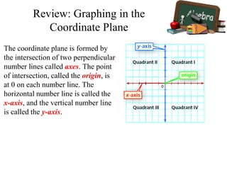 The coordinate plane is formed by
the intersection of two perpendicular
number lines called axes. The point
of intersection, called the origin, is
at 0 on each number line. The
horizontal number line is called the
x-axis, and the vertical number line
is called the y-axis.
Review: Graphing in the
Coordinate Plane
 