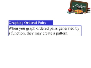 When you graph ordered pairs generated by
a function, they may create a pattern.
Graphing Ordered Pairs
 
