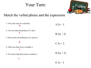 Your Turn:
1. Twice the sum of x and three
D
2. Two less than the product of 3 and x
E
3. Three times the difference of x and two
B
4. Three less than twice a number x
A
5. Two more than three times a number x
C
A.2x – 3
B.3(x – 2)
C.3x + 2
D.2(x + 3)
E.3x – 2
Match the verbal phrase and the expression
 