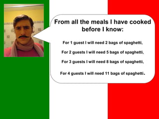 From all the meals I have cooked
before I know:
For 1 guest I will need 2 bags of spaghetti,
For 2 guests I will need 5 bags of spaghetti,
For 3 guests I will need 8 bags of spaghetti,
For 4 guests I will need 11 bags of spaghetti.
 
