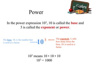 Power
In the power expression 103, 10 is called the base and
3 is called the exponent or power.
103 means 10 • 10 • 10
103 = 1000
The base, 10, is the number that
is used as a factor. 103 The exponent, 3, tells
how many times the
base, 10, is used as a
factor.
 