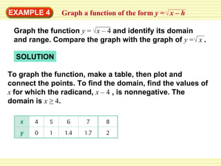 EXAMPLE 4 SOLUTION Graph the function  y  =  x  – 4  and identify its domain and range. Compare the graph with the graph of  y  =  x   . To graph the function, make a table, then plot and connect the points. To find the domain, find the values of  x  for which the radicand,  x  – 4  , is nonnegative. The domain is  x  ≥ 4 . Graph a function of the form  y  =  x – h  