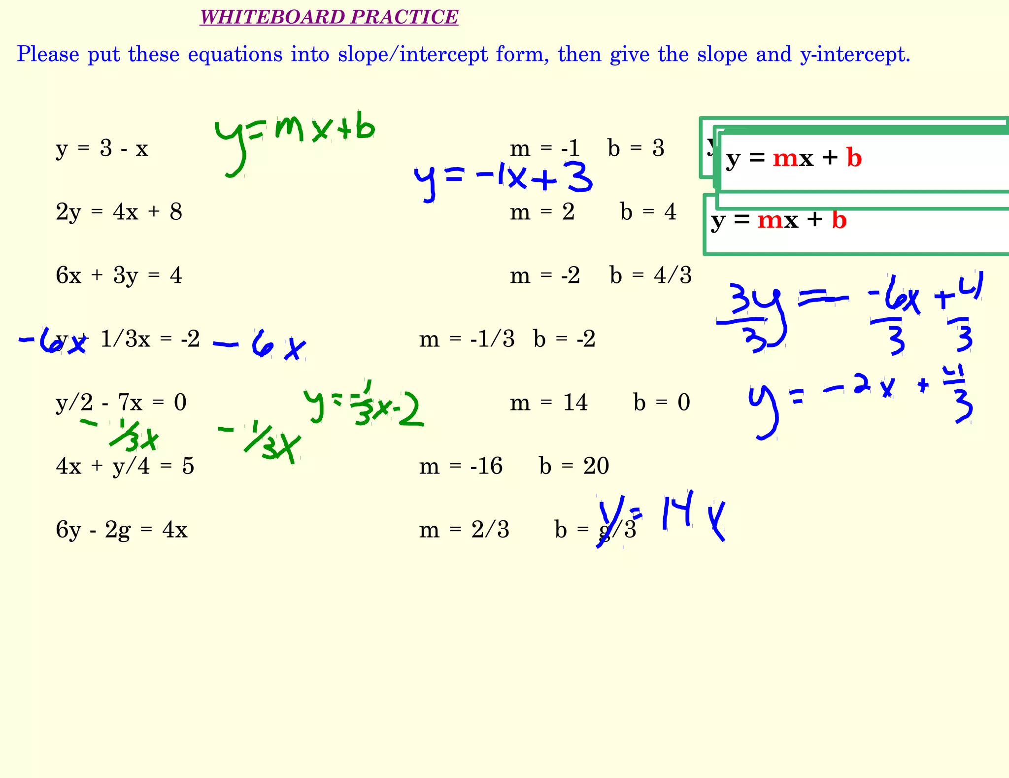 WHITEBOARD PRACTICE
Please put these equations into slope/intercept form, then give the slope and y-intercept.
y = 3 - x m = -1 b = 3
2y = 4x + 8 m = 2 b = 4
6x + 3y = 4 m = -2 b = 4/3
y + 1/3x = -2 m = -1/3 b = -2
y/2 - 7x = 0 m = 14 b = 0
4x + y/4 = 5 m = -16 b = 20
6y - 2g = 4x m = 2/3 b = g/3
y = mx + b
y = mx + b
y = mx + by = mx + by = mx + b
y = mx + b
y = mx + b