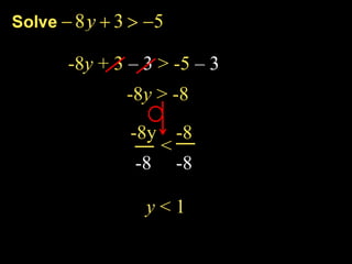 -8y + 3 – 3 > -5 – 3  -8y > -8 < y < 1 -8y    -8 -8     -8 Example 3-2b 
