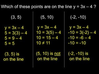 Which of these points are on the line y = 3x – 4 ? (3, 5)		(5, 10)		(-2, -10) y = 3x – 4    5 = 3(3) – 4   5 = 9 – 4    5 = 5   (3, 5) is  on the line y = 3x – 4   10 = 3(5) – 4  10 = 15 – 4  10 ≠ 11  (5, 10) is not   on the line y = 3x – 4   -10 = 3(-2) – 4  -10 = -6 – 4  -10 = -10  (-2, -10) is    on the line 