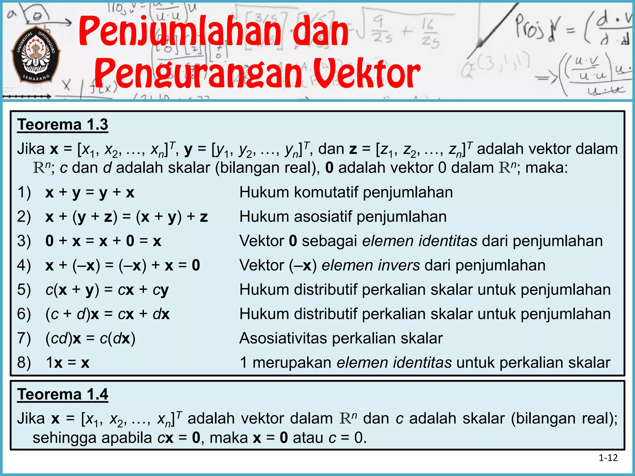 Teorema 1.4
Jika x = [x1, x2, …, xn]T adalah vektor dalam Rn dan c adalah skalar (bilangan real);
sehingga apabila cx = 0, maka x = 0 atau c = 0.
Teorema 1.3
Jika x = [x1, x2, …, xn]T, y = [y1, y2, …, yn]T, dan z = [z1, z2, …, zn]T adalah vektor dalam
Rn; c dan d adalah skalar (bilangan real), 0 adalah vektor 0 dalam Rn; maka:
1) x + y = y + x Hukum komutatif penjumlahan
2) x + (y + z) = (x + y) + z Hukum asosiatif penjumlahan
3) 0 + x = x + 0 = x Vektor 0 sebagai elemen identitas dari penjumlahan
4) x + (–x) = (–x) + x = 0 Vektor (–x) elemen invers dari penjumlahan
5) c(x + y) = cx + cy Hukum distributif perkalian skalar untuk penjumlahan
6) (c + d)x = cx + dx Hukum distributif perkalian skalar untuk penjumlahan
7) (cd)x = c(dx) Asosiativitas perkalian skalar
8) 1x = x 1 merupakan elemen identitas untuk perkalian skalar
1-12
 