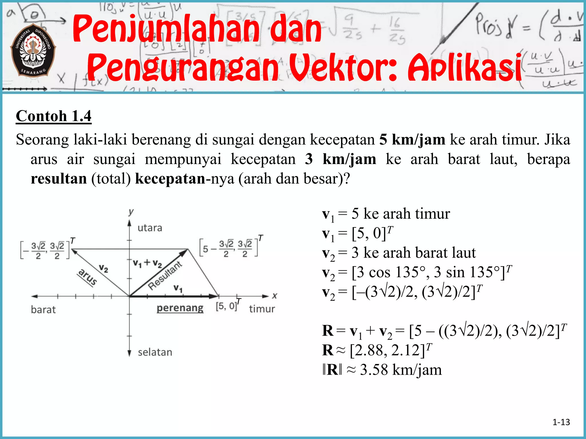 Contoh 1.4
Seorang laki-laki berenang di sungai dengan kecepatan 5 km/jam ke arah timur. Jika
arus air sungai mempunyai kecepatan 3 km/jam ke arah barat laut, berapa
resultan (total) kecepatan-nya (arah dan besar)?
v1 = 5 ke arah timur
v1 = [5, 0]T
v2 = 3 ke arah barat laut
v2 = [3 cos 135°, 3 sin 135°]T
v2 = [–(3√2)/2, (3√2)/2]T
R = v1 + v2 = [5 – ((3√2)/2), (3√2)/2]T
R ≈ [2.88, 2.12]T
‖R‖ ≈ 3.58 km/jam
TT
T
1-13
 
