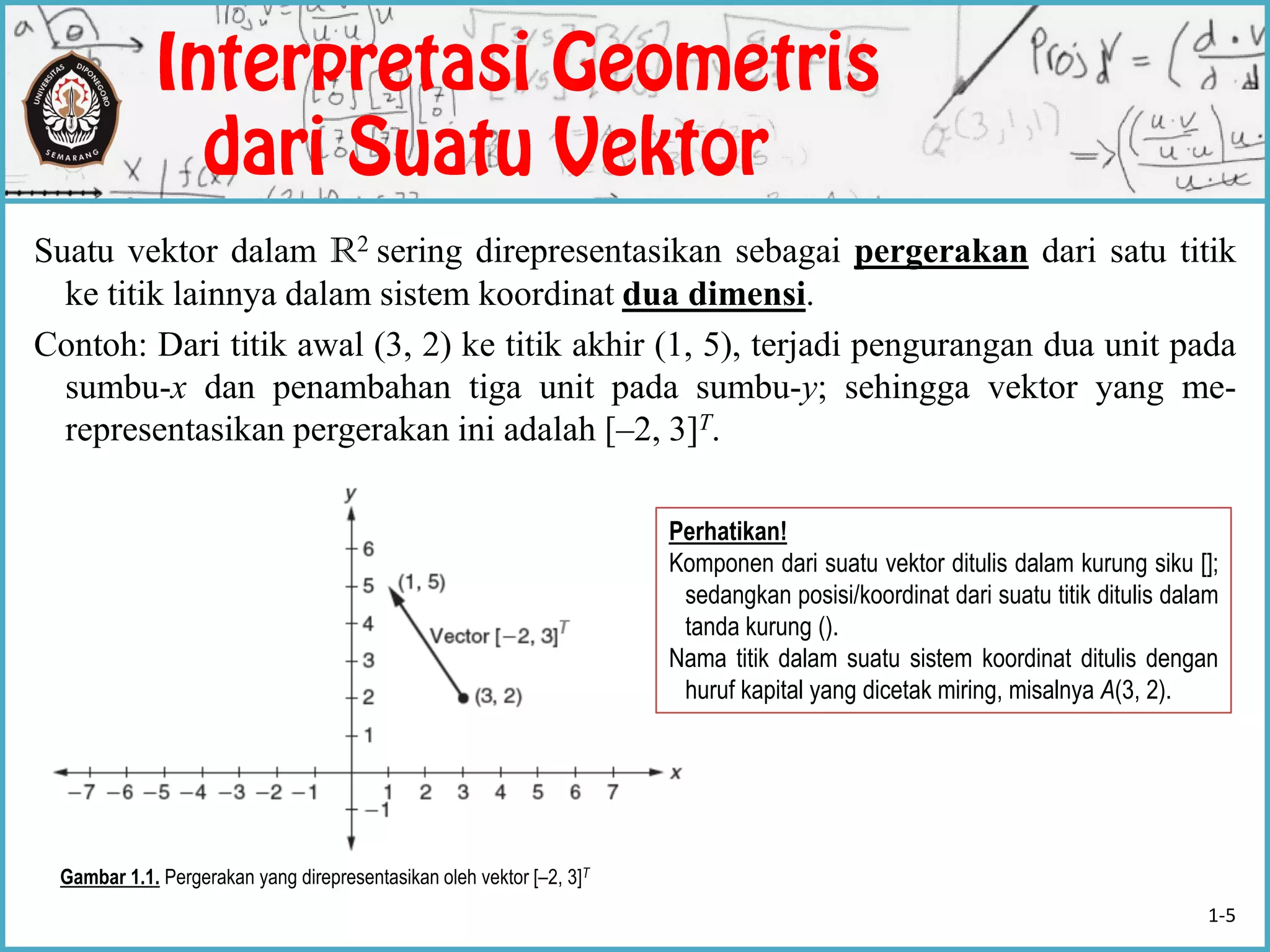 Suatu vektor dalam R2 sering direpresentasikan sebagai pergerakan dari satu titik
ke titik lainnya dalam sistem koordinat dua dimensi.
Contoh: Dari titik awal (3, 2) ke titik akhir (1, 5), terjadi pengurangan dua unit pada
sumbu-x dan penambahan tiga unit pada sumbu-y; sehingga vektor yang me-
representasikan pergerakan ini adalah [–2, 3]T.
Perhatikan!
Komponen dari suatu vektor ditulis dalam kurung siku [];
sedangkan posisi/koordinat dari suatu titik ditulis dalam
tanda kurung ().
Nama titik dalam suatu sistem koordinat ditulis dengan
huruf kapital yang dicetak miring, misalnya A(3, 2).
Gambar 1.1. Pergerakan yang direpresentasikan oleh vektor [–2, 3]T
1-5
 