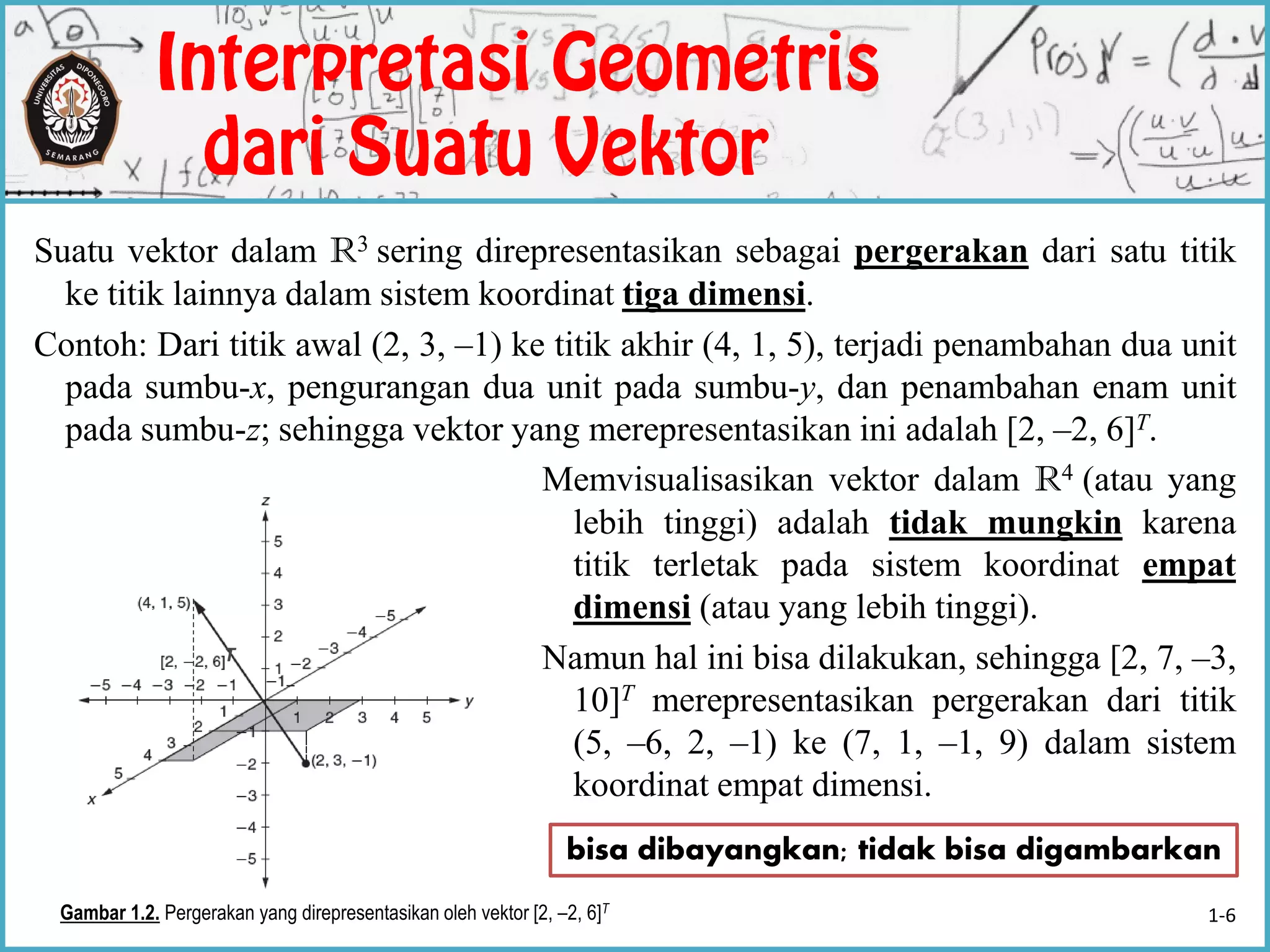 Suatu vektor dalam R3 sering direpresentasikan sebagai pergerakan dari satu titik
ke titik lainnya dalam sistem koordinat tiga dimensi.
Contoh: Dari titik awal (2, 3, –1) ke titik akhir (4, 1, 5), terjadi penambahan dua unit
pada sumbu-x, pengurangan dua unit pada sumbu-y, dan penambahan enam unit
pada sumbu-z; sehingga vektor yang merepresentasikan ini adalah [2, –2, 6]T.
Memvisualisasikan vektor dalam R4 (atau yang
lebih tinggi) adalah tidak mungkin karena
titik terletak pada sistem koordinat empat
dimensi (atau yang lebih tinggi).
Namun hal ini bisa dilakukan, sehingga [2, 7, –3,
10]T merepresentasikan pergerakan dari titik
(5, –6, 2, –1) ke (7, 1, –1, 9) dalam sistem
koordinat empat dimensi.
Gambar 1.2. Pergerakan yang direpresentasikan oleh vektor [2, –2, 6]T
T
bisa dibayangkan; tidak bisa digambarkan
1-6
 