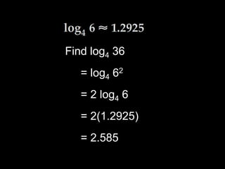 Find log4 36
= log4 62
= 2 log4 6
= 2(1.2925)
= 2.585