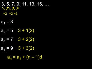 3, 5, 7, 9, 11, 13, 15, …+2+2+2a1 = 3a2 = 5    3 + 1(2)a3 = 7    3 + 2(2)a4 = 9    3 + 3(2)     an = a1 + (n – 1)d