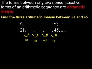 The terms between any two nonconsecutive terms of an arithmetic sequence are arithmetic means.Find the three arithmetic means between 21 and 45.21, ___, ___, ___, 45, ...,+d+d+d+dExample 1-4a